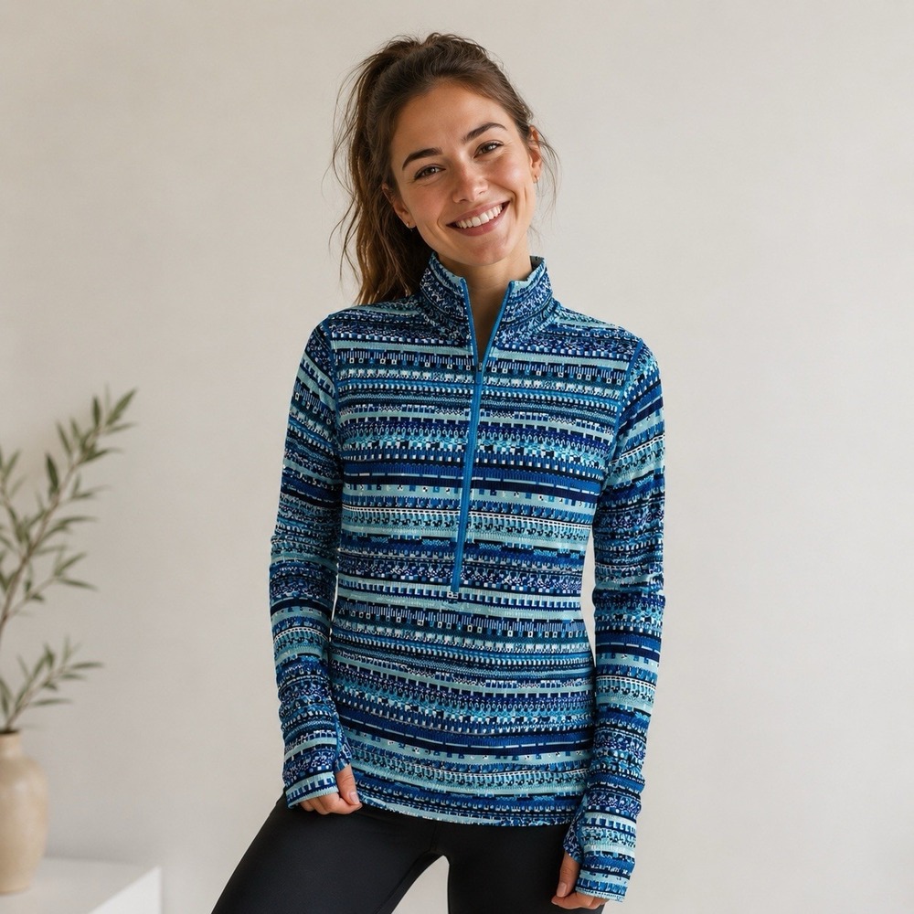 Nike 1/4 Zip Pro Dri-Fit Top Womens Medium Blue Aztec Geometric Print Running